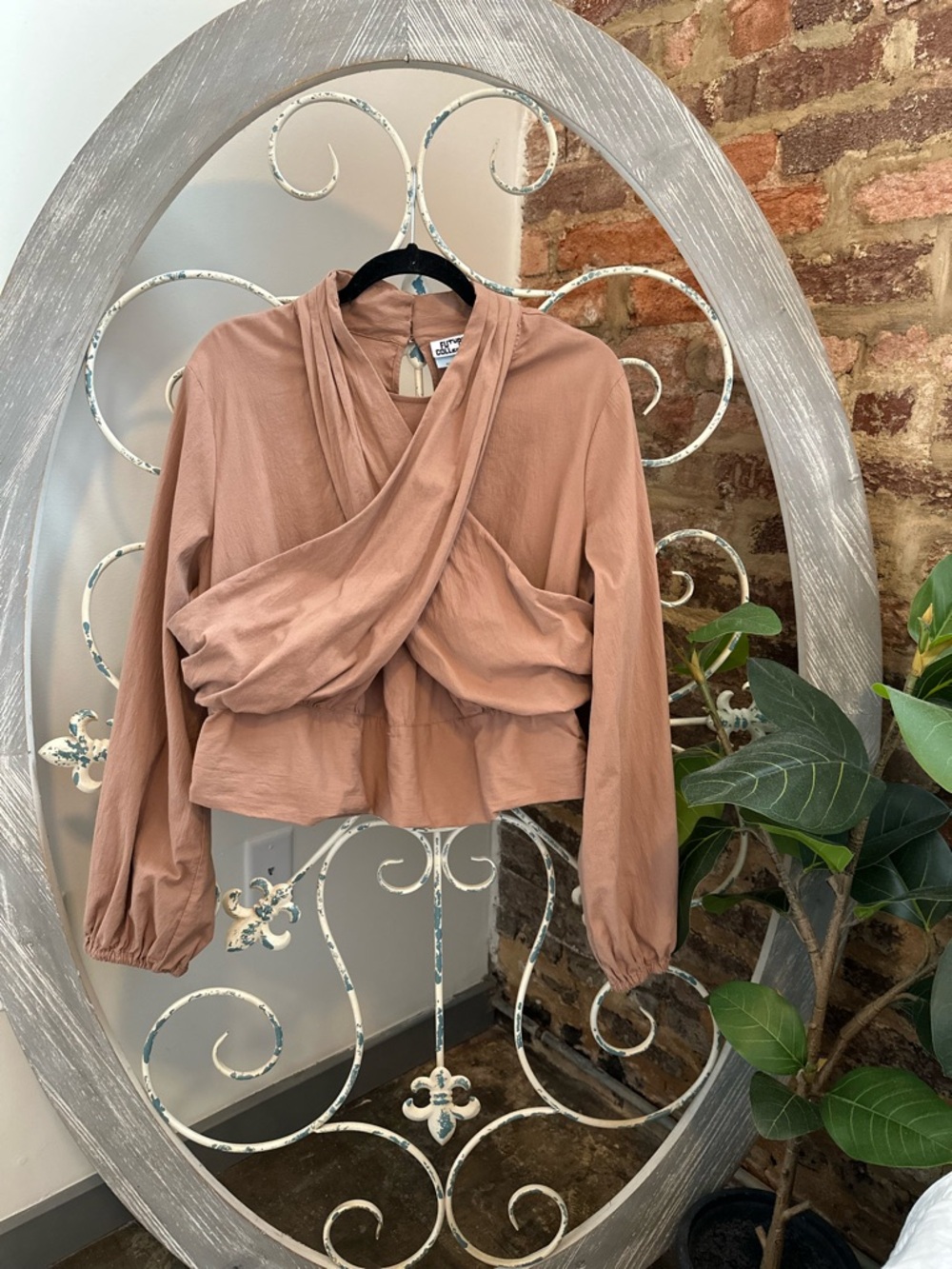 Cross-Front Draped Long-Sleeve Crop Blouse - Dusty Rose
